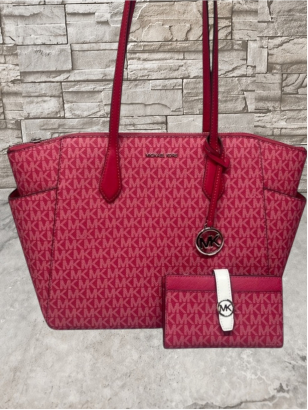 Michael Kors Marilyn Tote & Matching Wallet MK Logo Dark Raspberry - Picture 2 of 16